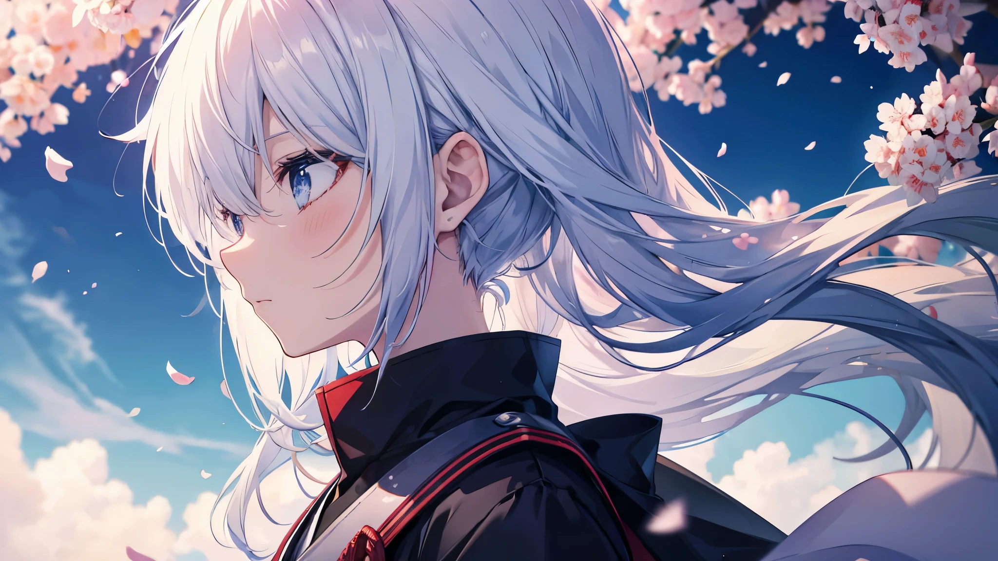 One woman((Calm expression,concentrated)) background((burn,blue)),knife(Get Ready,Parallel to the ground) White Hair,ポニーテール blue目,Sharp Eye,Super Shiny Japanese Style,Anime The Wind Blows,Cherry blossom petals,Ahead ((profile,Extreme close-up)) Katame Samurai