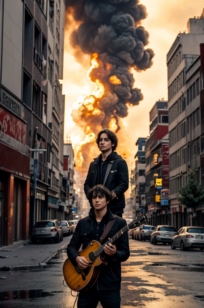 I want to create an animated image where I am standing in the middle of a street with my guitar and behind me is a city on fire., that everything is in chaos and I am calm