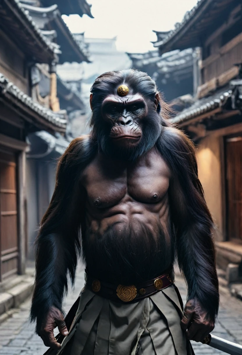 A mysterious Japanese warrior ape man , the atmosphere is heavy and sad. It's very detailed and in the atmosphere of the old quarter of the time