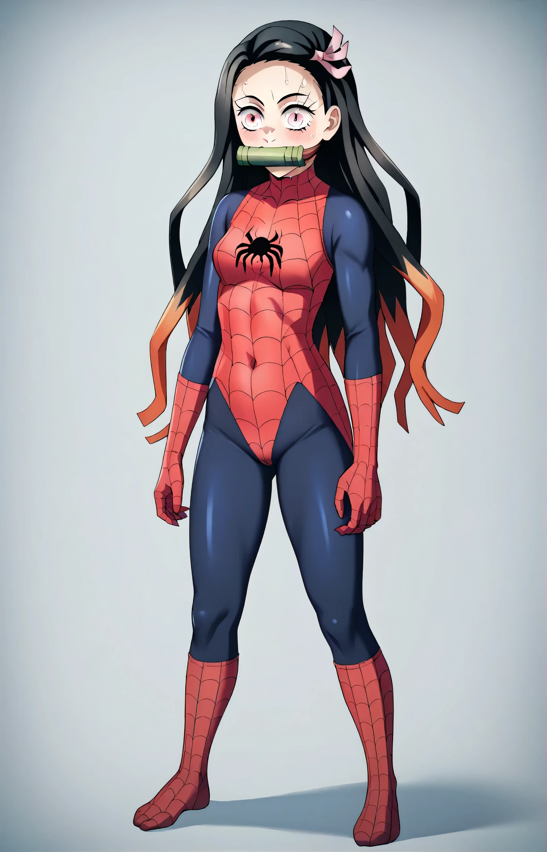 , BREAK source_anime, dnezukoxlv4, 1girl, solo,, bit gag, gag, , spider man suit, full body, cute face, ???, 12 year old, standing, blush, smile