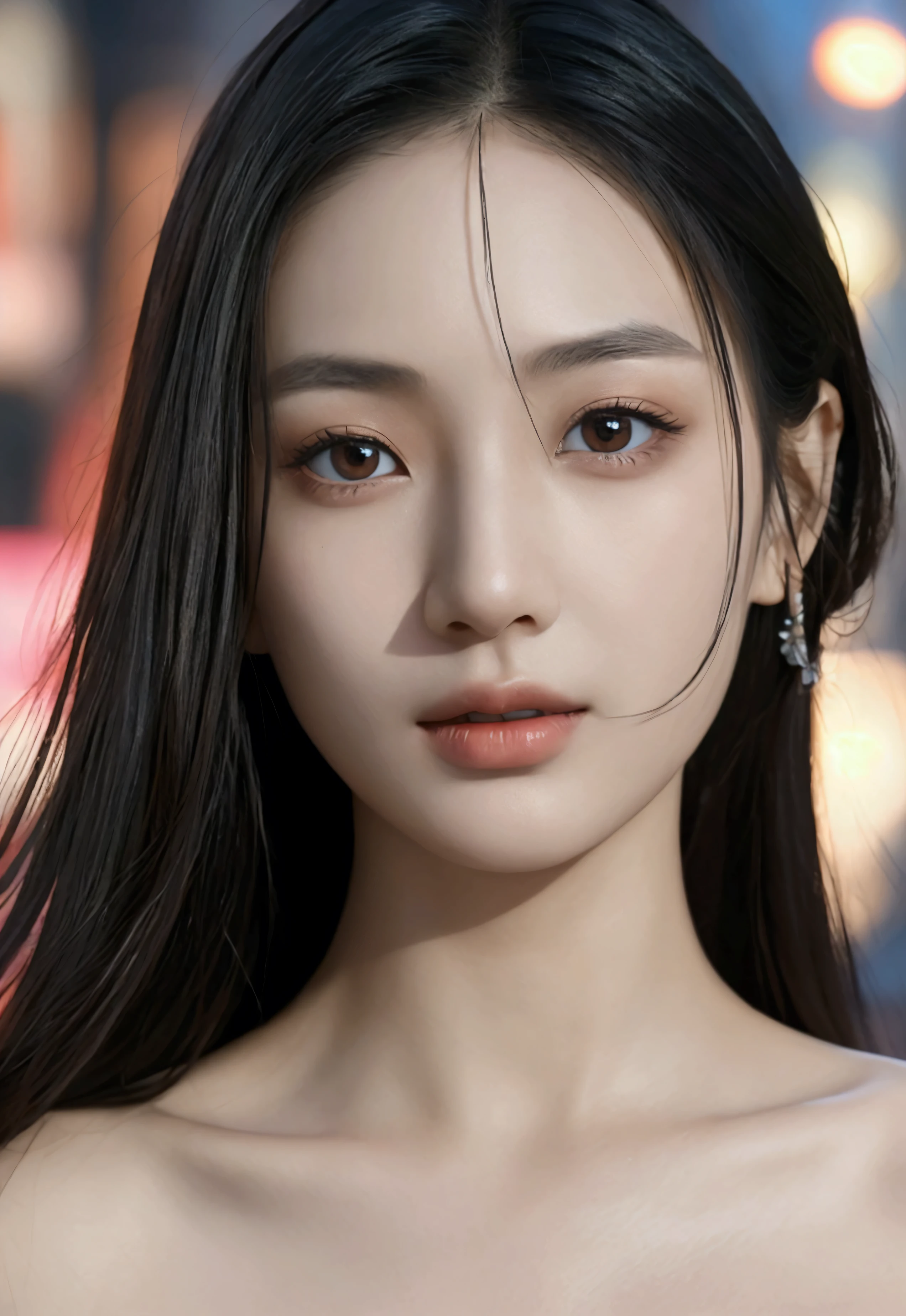 emma, a young asian woman, beautiful detailed eyes, beautiful detailed lips, extremely detailed eyes and face, long eyelashes, woman in a sexy black sensual clothes, walking down the streets of new york city at night, realistic, photorealistic, 8k, best quality, masterpiece, ultra-detailed, vivid colors, studio lighting, physically-based rendering, professional, plan eloignéé, the camera view is looking up, ultra detailed background, ultra detailed face, elle fond dans le decors, real asian, , Realistic Skin Texture, Texture, Detailed Eyes, texture, eyes detailled, Detail, Highly Detailed, Sharp Focus, Detailed Skin