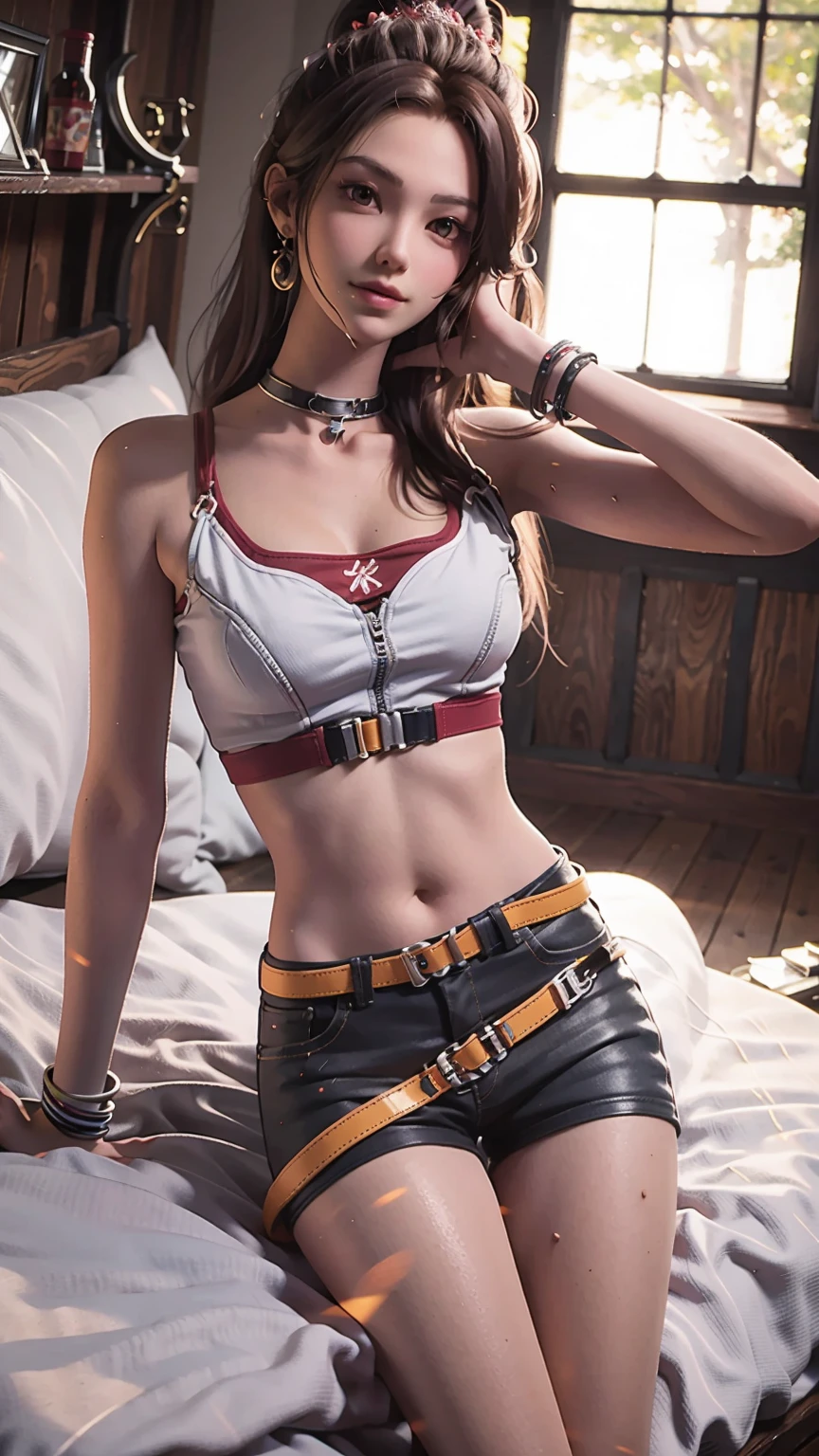 masterpiece, best quality, tthl, 1 Girl, 16 years old, Solitary, Long hair:1.2, Large Breasts,, Hair accessories, shorts, Bare shoulders, Jewelry, Alternative clothing, bracelet, ear rings, Long skirts, Lace Skirt, bracelet, Thin bare feet, Charming smile,Cross your legs, Lying in bed, indoors, From below,camisole