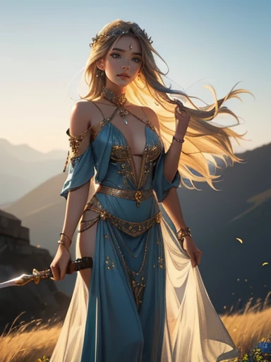 An incredibly beautiful young femme blonde with dark blue eyes, she has short golden-wheat hair, decorated with flowers, jewelry, she is a goddess, she wears the clothes of the goddess Gaia. She stands on the top of the mountain, holding a sword in her hands, strong wind pores ruffle her hair and clothes. Realistic image. Masterpiece, perfect image, realistic photos, full-length image, 8k, detailed image, extremely detailed illustration, a real masterpiece of the highest quality, with careful drawing.