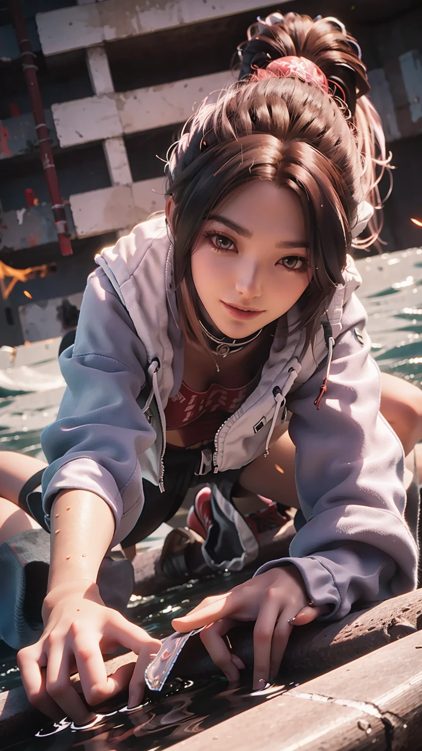 一个女孩躺在Starry Sky下的床上，Exquisite smile，Beautiful and delicate eyes，Beautiful and delicate lips，Extremely detailed face and eyes，Long eyelashes，Full body，Flowing hair，belly button，best quality，excellent work，Super，(Reality:1.4)，RAW photos，(Beautiful face:1.2)，(Lying on the water:1.5)，1 girl，(absurd)，(8k)， (4K)，Octane Rendering，Starry Sky，((Full body view))，Cross-legged