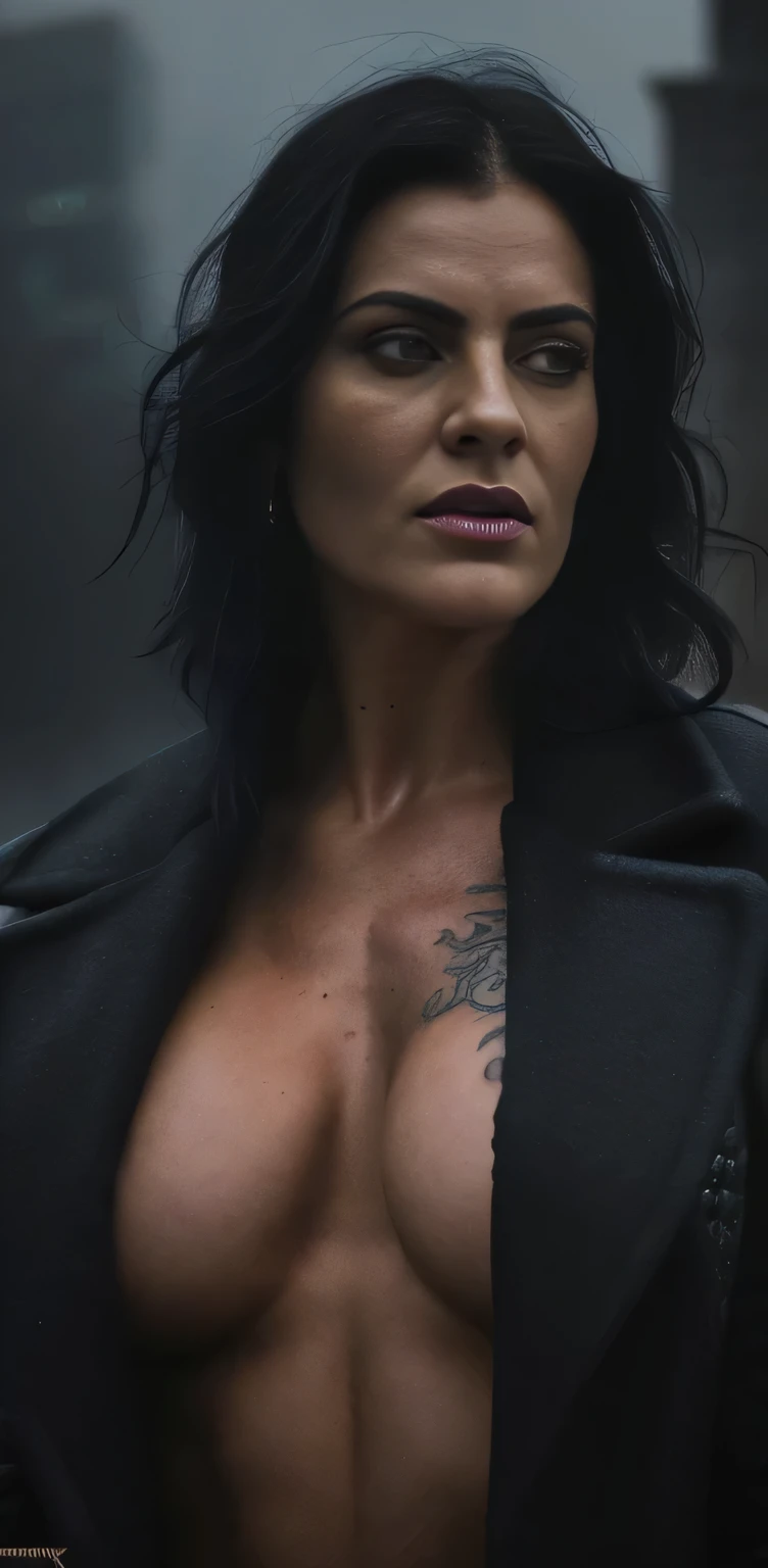 (best quality, hyperdetailed photography:1.2), beautiful lady, scar's face, tattoos breast,(muscular body:1.1),, black hair, , ((viking badass warrior )) ,(gloomy, foggy, night),(long black open coat),,, ,badass woman,, Dynamic pose,,(massive perfect breast:1.0), (upper body portrait), (cinematic shot:1.5), (movie photography:1.2), cinematic lights,, (perfect light, Ray's,),(ultra detailed skin texture:1.3)