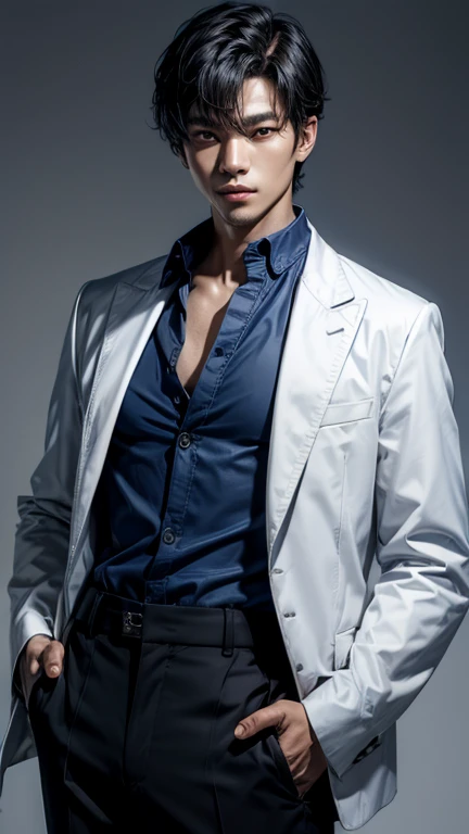 solo , 1man , thai man , blue Button-down shirt with collar , black Long pants , happy , white jacket