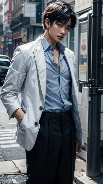 solo , 1man , thai man , blue Button-down shirt with collar , black Long pants , happy , white jacket