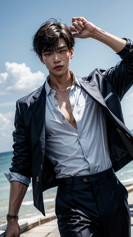 solo , 1man , thai man , blue Button-down shirt with collar , black Long pants , happy , white jacket