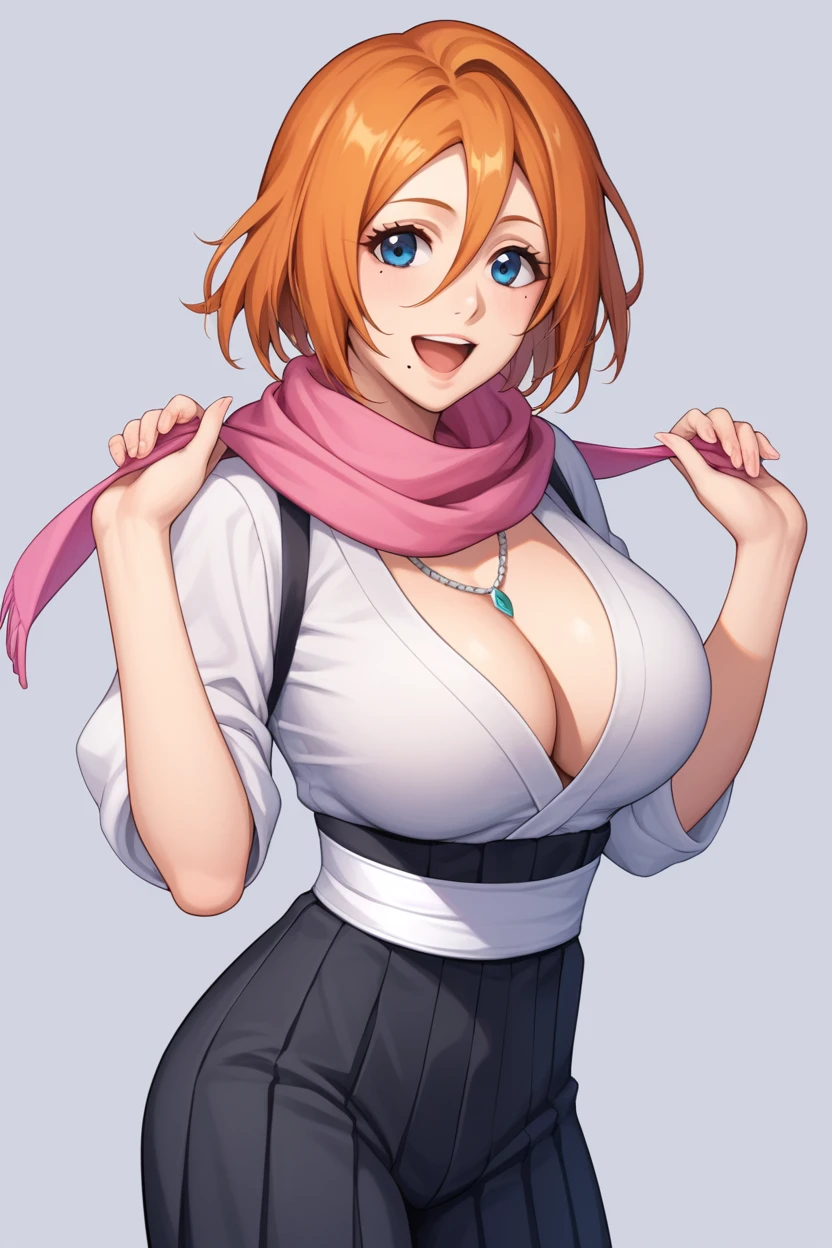 score_9, score_8_up, score_7_up,score_6_up, score_5_up, score_4_up , 1girl, solo, inoue orihime, long hair, orange hair, brown eyes, defran, short hair, hair between eyes, orange hair, blue eyes, mole under mouth, necklace, black robes, pink scarf, cleavage, white sash, black hakama pants, large breasts, happy, open mouth, cowboy shot, simple background