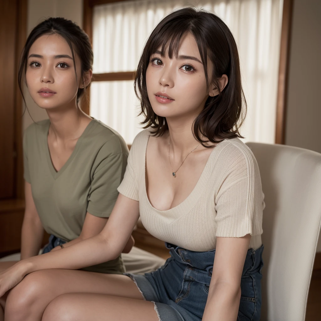 (in 8K, top-quality, ​masterpiece:1.2), (realisitic, Photorealsitic:1.37), ultra-detailliert, Natural sunlight, mideum breasts, I can see the cleavage, 1 persons, 35-year-old woman, Dark hair, Pendants, Torn shorts, Light Knit V-Neck Shirt, At performances, extremely detailed face and skin, A detailed eye, extremely detailed face and skin