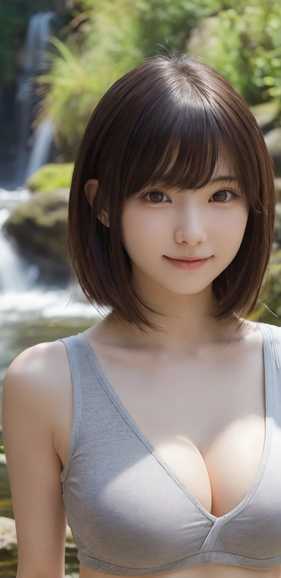 One Girl, (beautiful girl, Delicate girl:1.3), (18-year-old:1.3), break, (Plain T-shirt:1.2), break, (Small waterfall background:1.2), break, smile, Very beautiful eyes, (Symmetrical eyes:1.3), break, (:1.3), Brown eyes, Parted bangs, Brown bob cut hair, Round face, cute, break, (Eye and facial details:1.0), break, (masterpiece, Highest quality, Very detailed, Detailed face, 8k),Too much exposure
