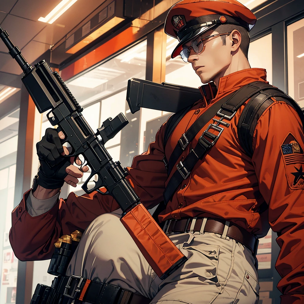 A lean, muscular male soldier carries an M870 shotgun. Red hat with the word "Red" written on it.Attached to the hat, light orange round glasses, military pattern uniform, brown skin.