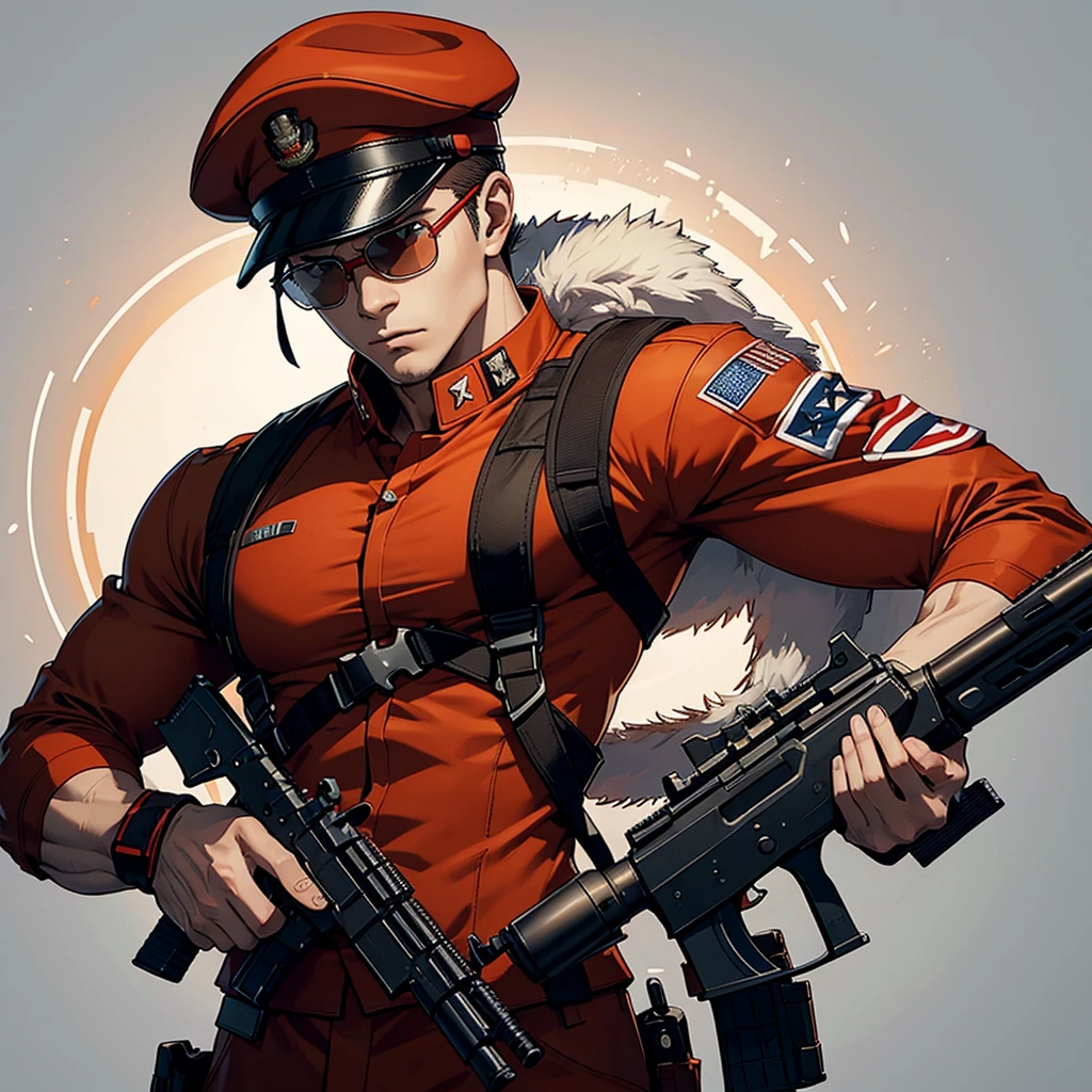 A lean, muscular male soldier carries an M870 shotgun. Red hat with the word "Red" written on it.Attached to the hat, light orange round glasses, military pattern uniform, brown skin.