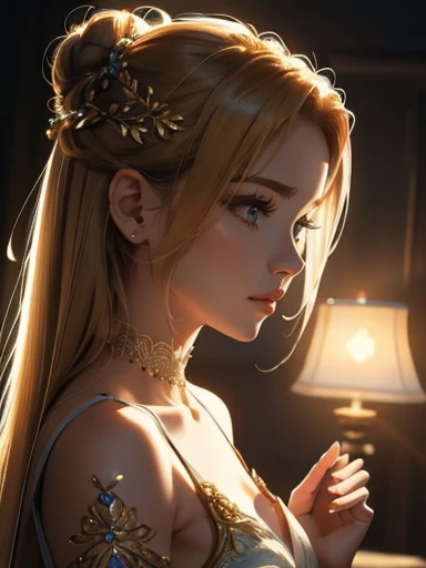 An incredibly beautiful young fatal blonde with clear blue eyes, she has long, long hair, gathered in two tails, her hair is gathered in a bun, double bun, bangs with a parting, her hair is decorated with flowers, jewelry, she is a goddess, she wears the clothes of the goddess Selena. He stands in the middle of the room, a lighted lamp in her hands, a crescent moon flickering on her forehead. Realistic image. Masterpiece, perfect image, realistic photos, full-length image, 8k, detailed image, extremely detailed illustration, a real masterpiece of the highest quality, with careful drawing.