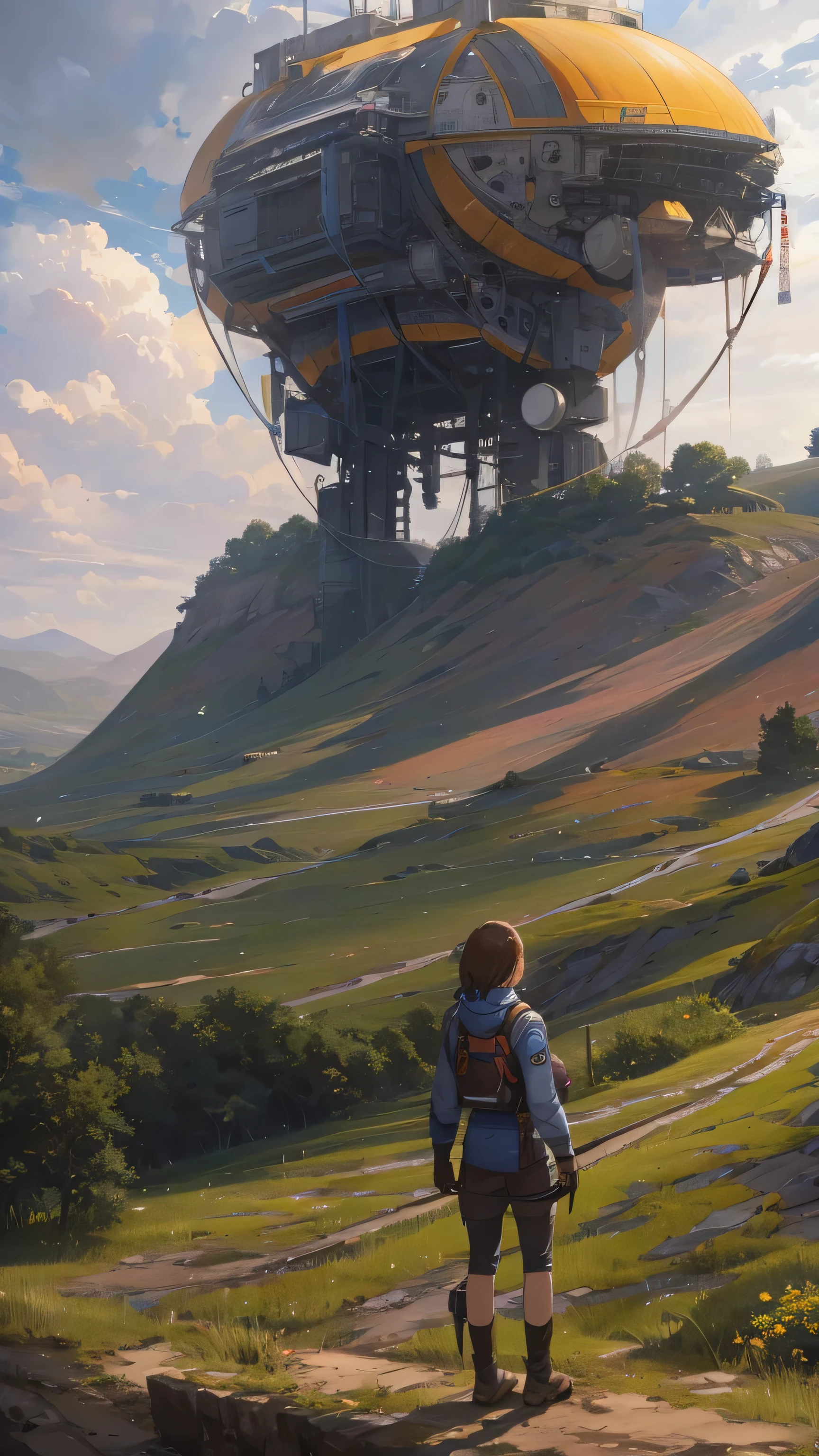 ((masterpiece, Highest quality, Best image quality, High resolution, Realistic, RAW Photos, 8k)), Ultra Wide Angle, alien landscape, A woman stands next to the Alafedro robot at the top of a hill, Inspired by Stephan Koidl&#39;s abandoned mech background. Art created by Craig Mullins, Especially Craig Mullins&#39; Necro style., Depicts detailed, futuristic sci-fi scenes. Focus on sci-fi concept art, Vivid colors and sharp focus. The overall lighting captures the essence of the film&#39;s concept art.