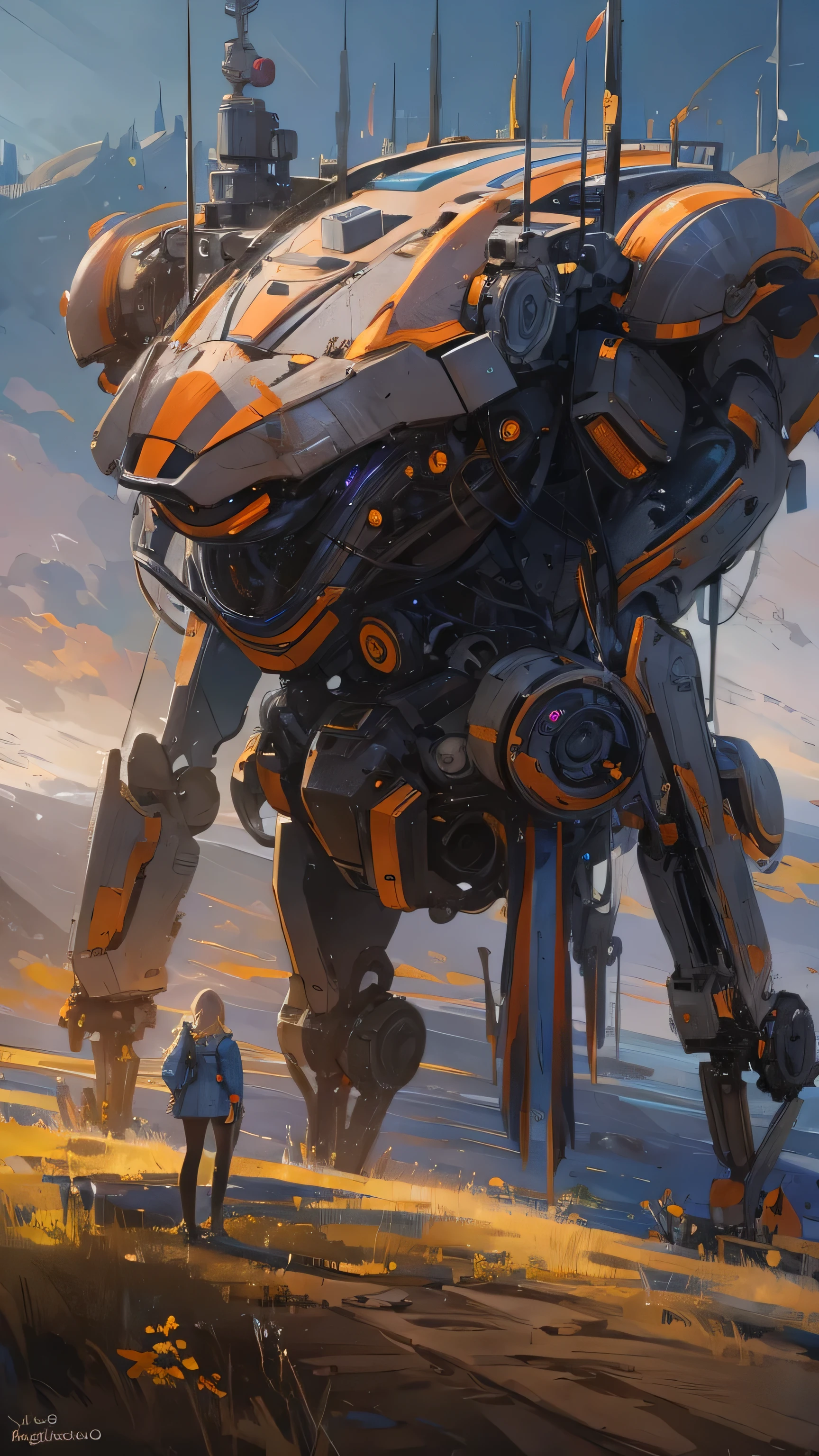 ((masterpiece, Highest quality, Best image quality, High resolution, Realistic, RAW Photos, 8k)), Ultra Wide Angle, alien landscape, A woman stands next to the Alafedro robot at the top of a hill, Inspired by Stephan Koidl&#39;s abandoned mech background. Art created by Craig Mullins, Especially Craig Mullins&#39; Necro style., Depicts detailed, futuristic sci-fi scenes. Focus on sci-fi concept art, Vivid colors and sharp focus. The overall lighting captures the essence of the film&#39;s concept art.