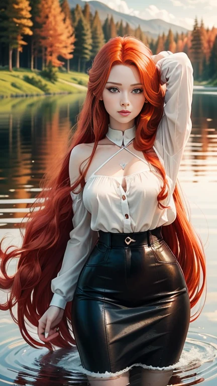 redhead haired woman with long red hair standing in front of a lake, red haired goddess, beautiful redhead woman, redhead woman, woman with red hair, flowing red hair, red hair girl, red haired girl, long flowing red hair, red haired young woman, flowing ginger hair, redhead girl, a redheaded young woman, ethereal beauty, red hair and attractive features