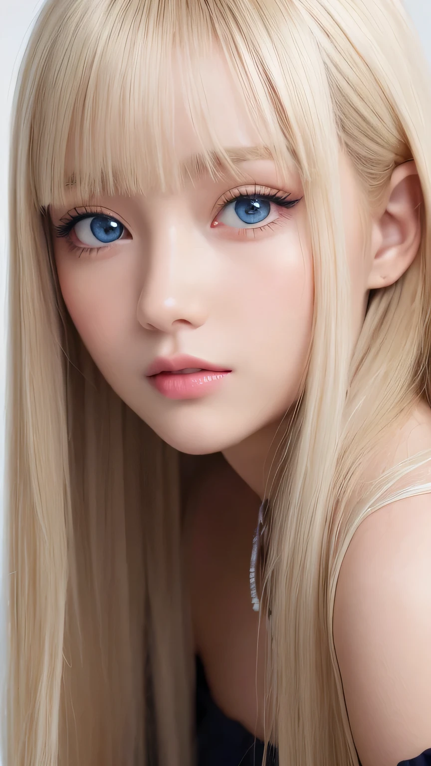 Realistic、Super adopted、1 young idol girl、Gazing into the distance、date、off shoulder white tops、Round and young々Funny face、Bangs between the eyes、Accessories Full、necklace、big, clear, bright light blue eyes、Very big eyes、Long eyelashes、Big Breasts、Narrow waist、light makeup、Beautiful teeth、Embarrassed look。Shiny blonde hair、Super long, straight, silky platinum blonde hair、Beautiful girl with a small face、Gloss Cheek Highlight、