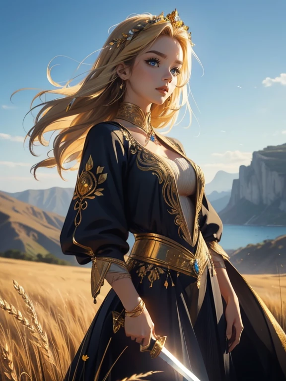 An incredibly beautiful young femme blonde with dark blue eyes, she has short golden-wheat hair, decorated with flowers, jewelry, she is a goddess, she wears the clothes of the goddess Gaia. She stands on the top of the mountain, holding a sword in her hands, strong wind pores ruffle her hair and clothes. Realistic image. Masterpiece, perfect image, realistic photos, full-length image, 8k, detailed image, extremely detailed illustration, a real masterpiece of the highest quality, with careful drawing. short golden-wheat hair.