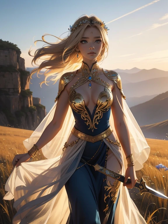 An incredibly beautiful young femme blonde with dark blue eyes, she has short golden-wheat hair, decorated with flowers, jewelry, she is a goddess, she wears the clothes of the goddess Gaia. She stands on the top of the mountain, holding a sword in her hands, strong wind pores ruffle her hair and clothes. Realistic image. Masterpiece, perfect image, realistic photos, full-length image, 8k, detailed image, extremely detailed illustration, a real masterpiece of the highest quality, with careful drawing. short golden-wheat hair.