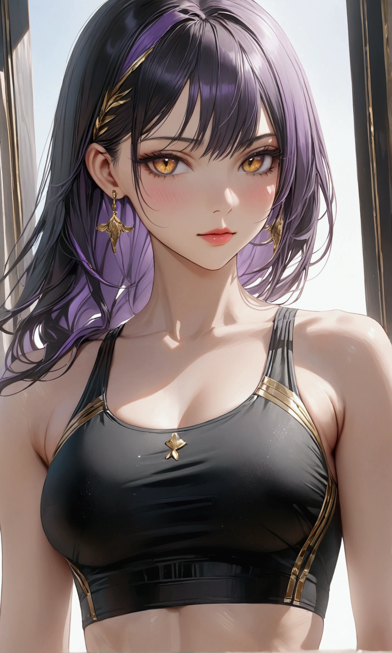 black hair, inner colored dark-purple hair, golden eyes, slender and athletic built, croptop, masterpiece, super detail, best quality, 8k,realistic