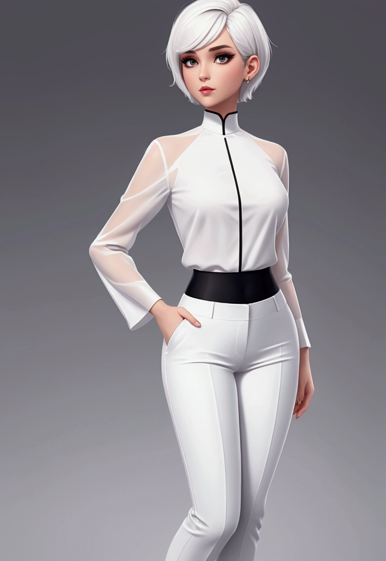 short hair, perfect body, full body, white background, wealthy, black pants, white blouse, full body