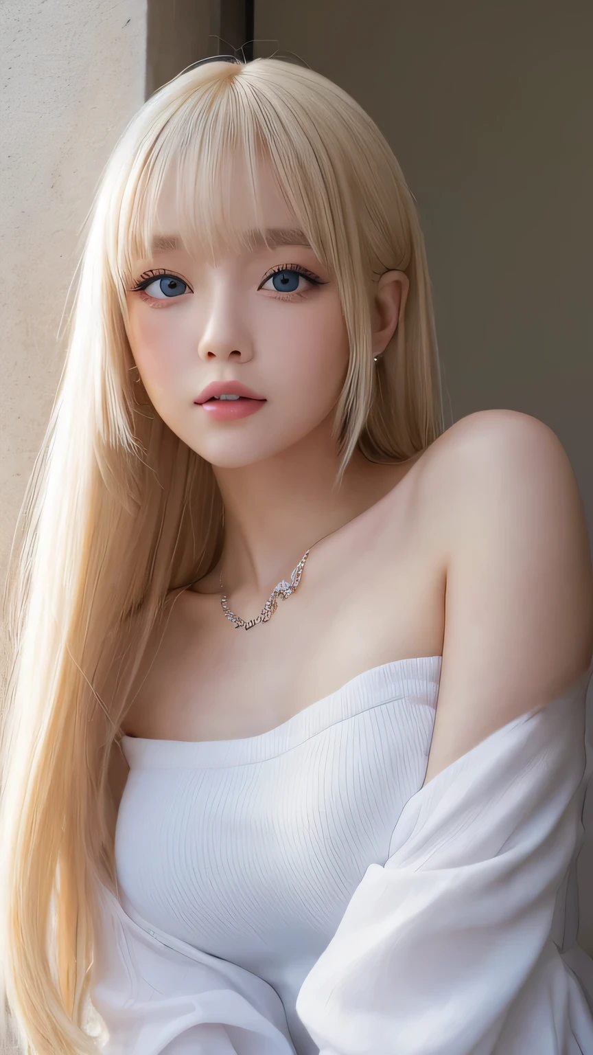Realistic、Super adopted、ung idol girl、Gazing into the distance、date、off shoulder white tops、Round and young々Funny face、Bangs between the eyes、Accessories Full、necklace、big, clear, bright light blue eyes、Very big eyes、Long eyelashes、Big Breasts、Narrow waist、light makeup、Beautiful teeth、Embarrassed look。Shiny blonde hair、Super long, straight, silky platinum blonde hair、Beautiful girl with a small face、Gloss Cheek Highlight、