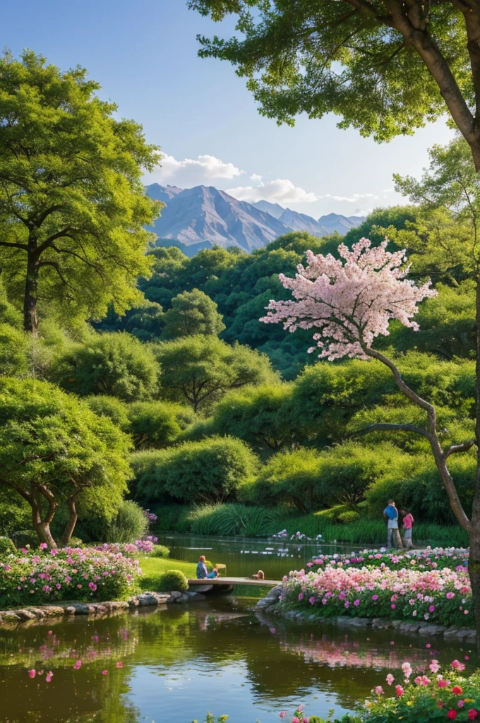 Landscape of a garden with many fruit bearing trees, lakes and falls, surrounded with flowers, and animals peacefully sleeping, and some are drinking from the lakes, with children playing around