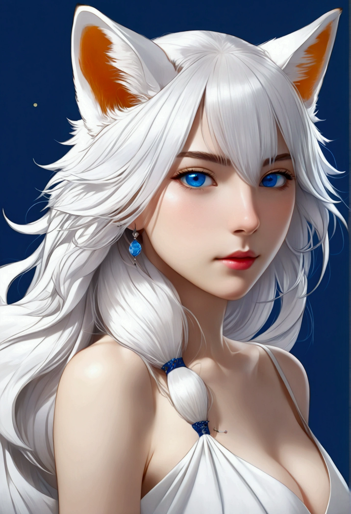 (Delicate, beautiful eyes and a delicate face,masterpiece侧光,masterpiece,The best quality at its best,detailed,High resolution illustrations),
(1 girl,Full Body Lesbian,Beautiful girl,Glowing Skin,Looking down,Displaying the viewer),
(white_background:2.0),
(white hair, Peeling_generally,generally_wear,Peeling_generally,, Cropped shoulders,長いwhiteい髪,blue eyes:1.5),(white狐狸耳朵,white fox tail:1.5),Blue Flower,,Scattered body parts