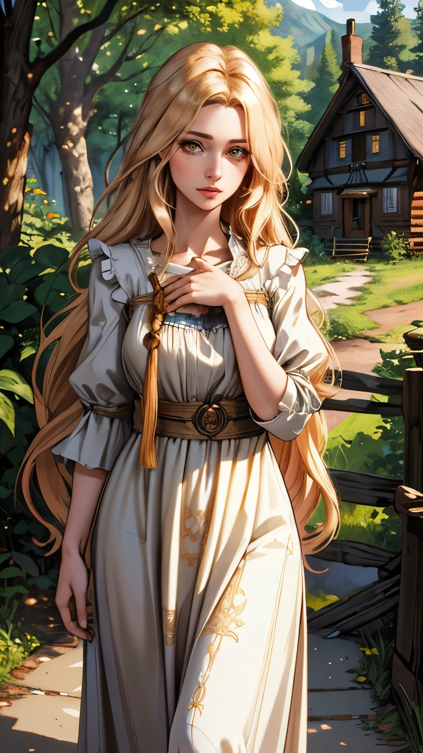 (extremely detailed CG unity 4k wallpaper),(masterpiece),(best quality),(ultra-detailed),(best illustration),(best shadow),(absurdres),(Detailed background),Russian Woman, very long blond hair, Pale Skin, Golden eyes, Long eyelashes, medium breasts, Simple peasant dress, Forest with cute Cottage in the background, 