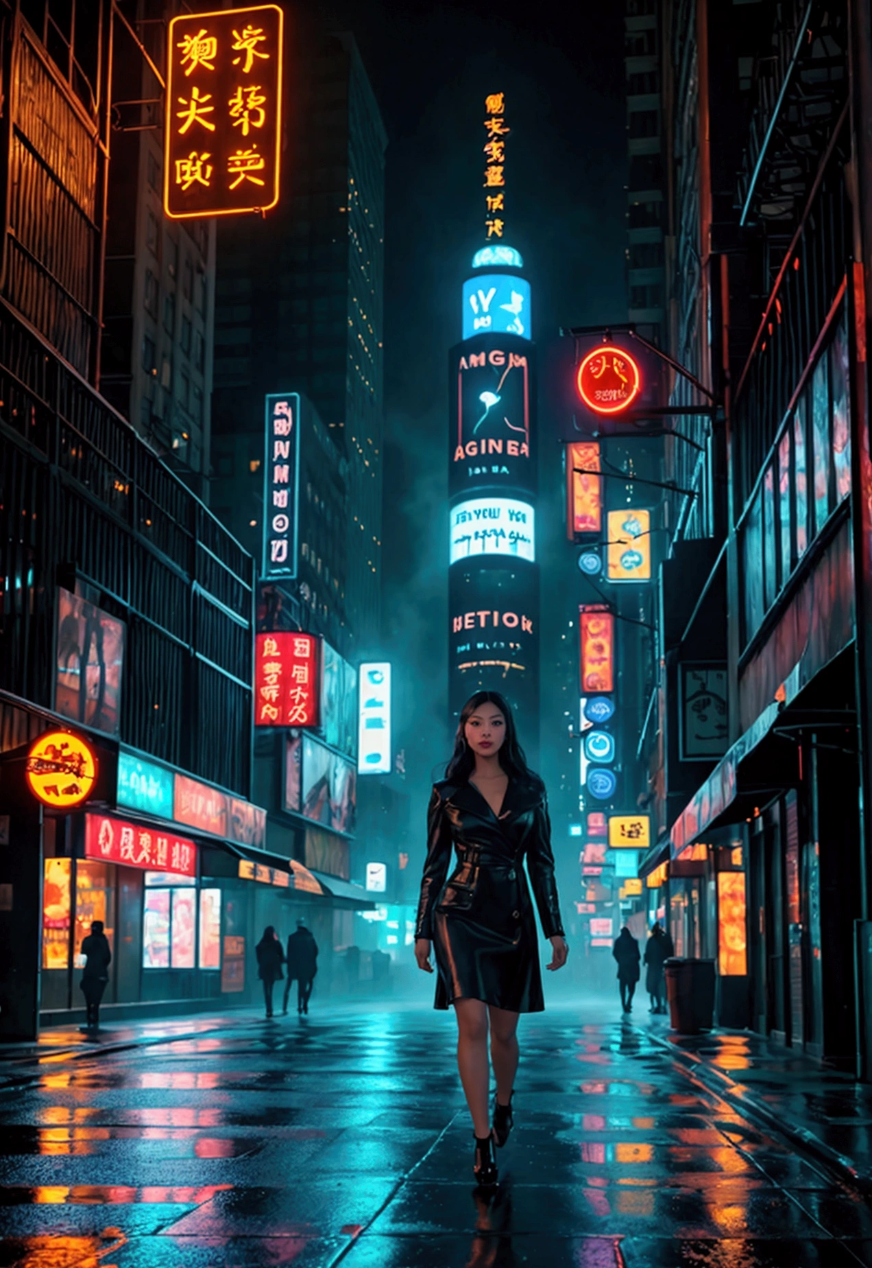 a beautiful asian woman walking at night in new york city, detailed facial features, beautiful detailed eyes, beautiful detailed lips, extremely detailed eyes and face, long eyelashes, realistic, photorealistic, photo-realistic:1.37, best quality, 8k, highres, masterpiece:1.2, ultra-detailed, hyper-realistic, cinematic lighting, moody atmospheric lighting, intricate details, dramatic shadows, vibrant colors, cinematic composition, establishing shot, wide angle, street at night, tall buildings, neon signs, headlights, reflections on wet pavement, atmospheric fog, urban landscape