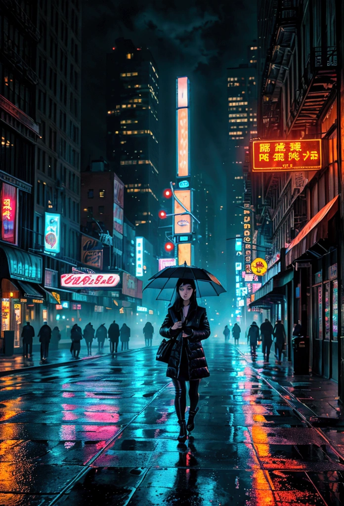 a beautiful asian woman walking at night in new york city, detailed facial features, beautiful detailed eyes, beautiful detailed lips, extremely detailed eyes and face, long eyelashes, realistic, photorealistic, photo-realistic:1.37, best quality, 8k, highres, masterpiece:1.2, ultra-detailed, hyper-realistic, cinematic lighting, moody atmospheric lighting, intricate details, dramatic shadows, vibrant colors, cinematic composition, establishing shot, wide angle, street at night, tall buildings, neon signs, headlights, reflections on wet pavement, atmospheric fog, urban landscape