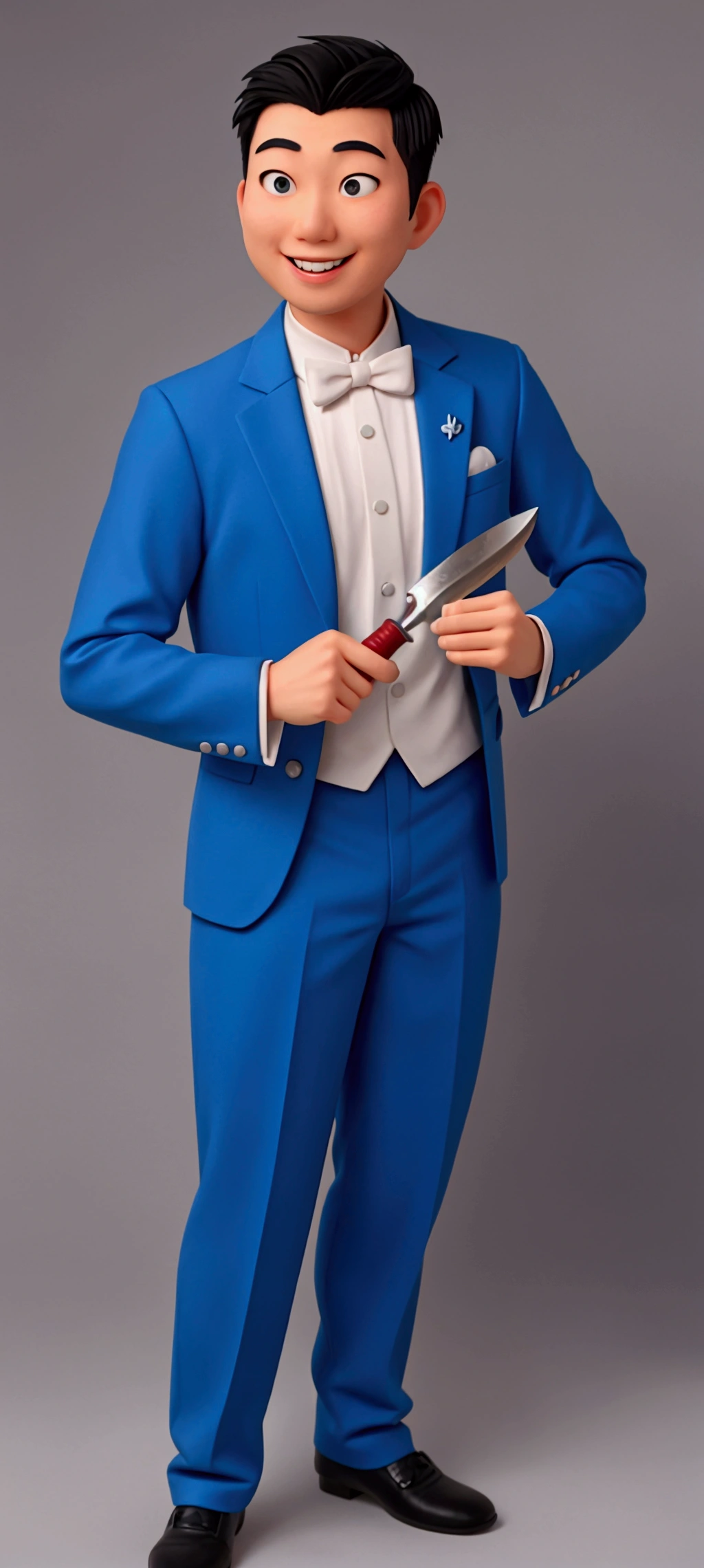 knife like a disney cartoon. an Asian man smiling , wears a blue suit. It's on a plantation