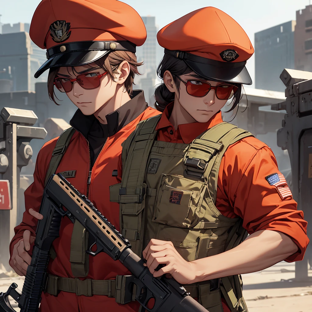 A lean, muscular male soldier carries an M870 shotgun. Red hat with the word "Red" written on it.Attached to the hat, light orange round glasses, military pattern uniform, brown skin.