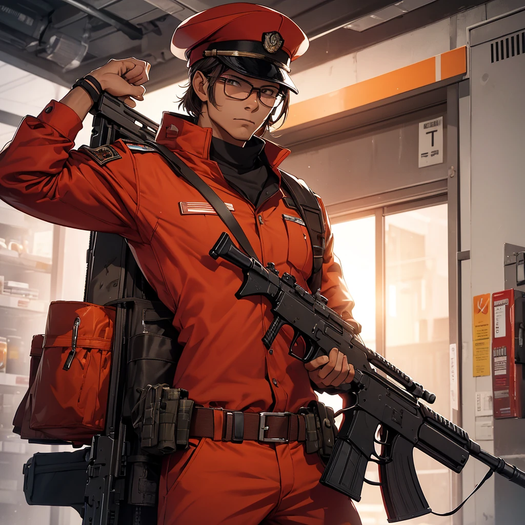 A lean, muscular male soldier carries an M870 shotgun. Red hat with the word &quot;Red&quot; written on it.Attached to the hat, light orange round glasses, military pattern uniform, brown skin.