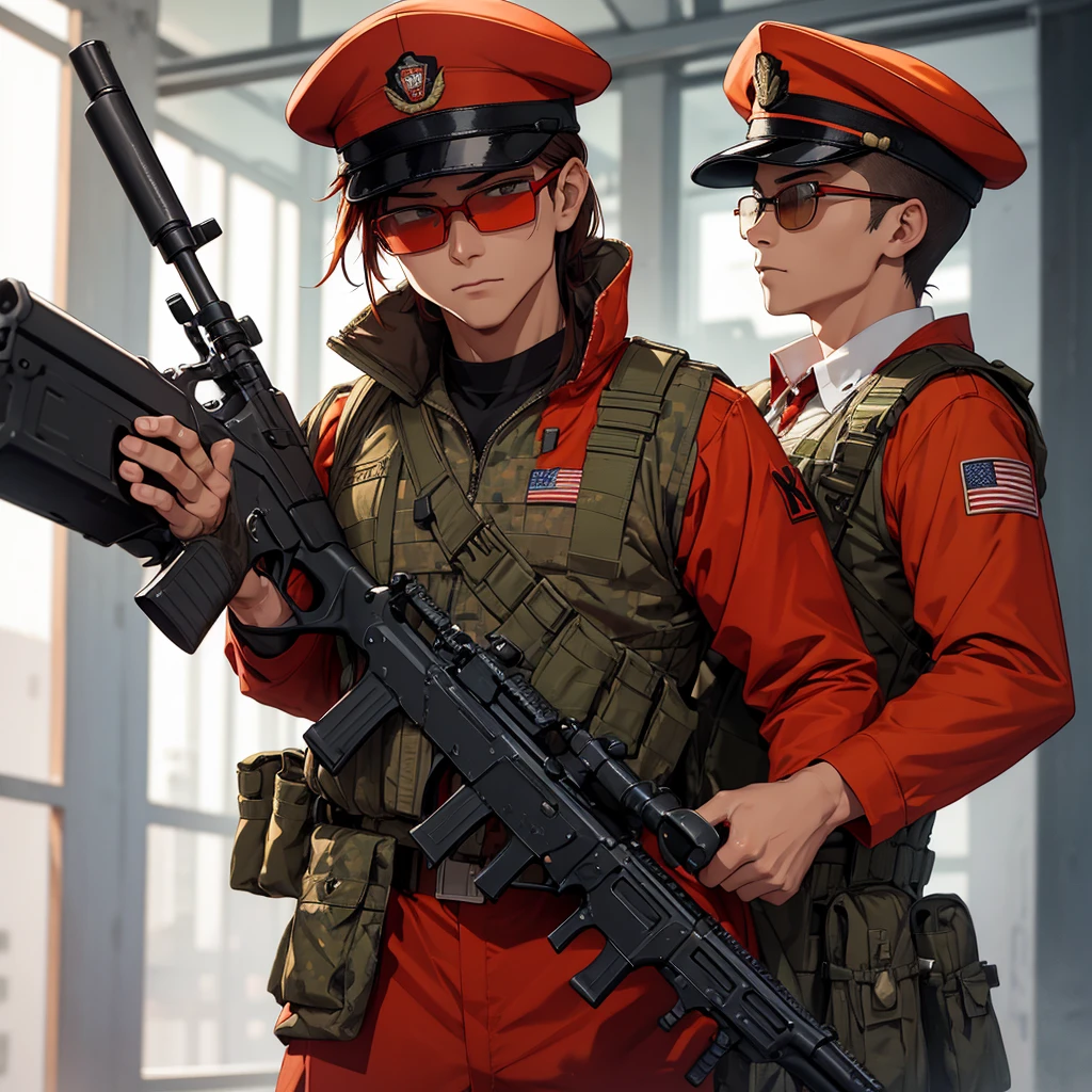 A lean, muscular male soldier carries an M870 shotgun. Red hat with the word &quot;Red&quot; written on it.Attached to the hat, light orange round glasses, military pattern uniform, brown skin.