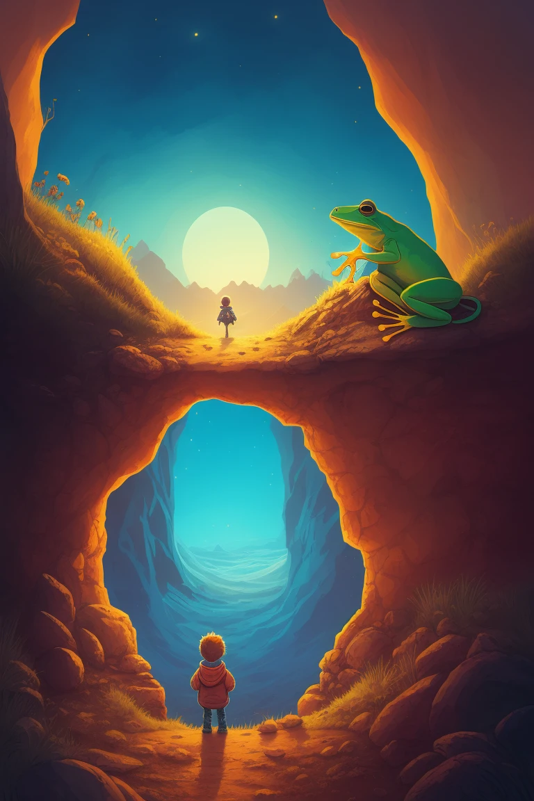 mindwarp , a child looking at a frog in a cave with a woman looking at it from the bottom of the cave, Diego Gisbert Llorens, josan gonzales and dan mumford, a storybook illustration, psychedelic art