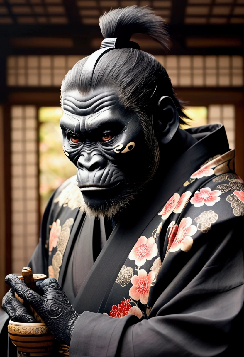 Create an image of a mysterious ape man samurai in a traditional Japanese setting. The ape man has a black, painted face with intricate black markings, giving him an eerie and otherworldly appearance. He is wearing a black kimono and japanese sword with intricate floral patterns and is standing with his hands pressed together in a prayer position. The background is a dimly lit, traditional Japanese room with various decorations on the walls, adding to the mystical atmosphere.
