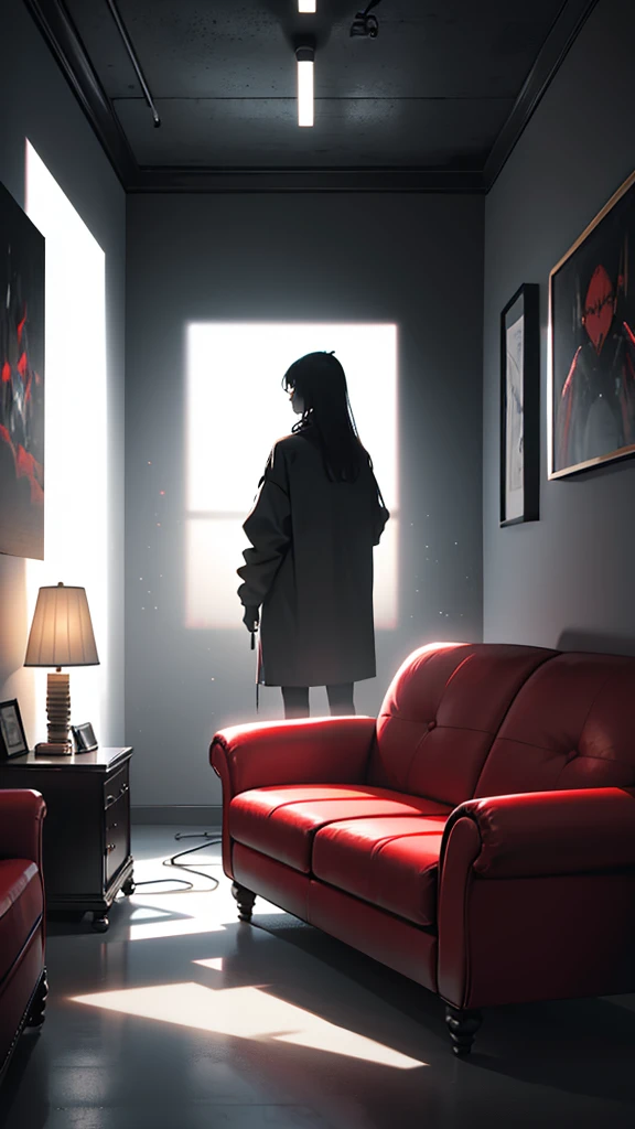 Create a digital painting of a dark room with a red sofa in the center. On the white wall in the background, place two small abstract paintings with strong colors. To the left of the sofa, position two guitars: one electric and one acoustic. Lighting should be soft, creating strong shadows and sharp contrasts. Include an indistinct human figure sitting on the couch, with a menacing silhouette projected on the wall behind her. The window on the right must be large, letting in diffused light that partially illuminates the room, but maintaining a dark and unsettling atmosphere