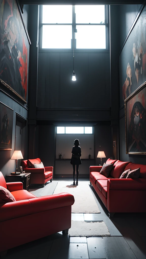Create a digital painting of a dark room with a red sofa in the center. On the white wall in the background, place two small abstract paintings with strong colors. To the left of the sofa, position two guitars: one electric and one acoustic. Lighting should be soft, creating strong shadows and sharp contrasts. Include an indistinct human figure sitting on the couch, with a menacing silhouette projected on the wall behind her. The window on the right must be large, letting in diffused light that partially illuminates the room, but maintaining a dark and unsettling atmosphere