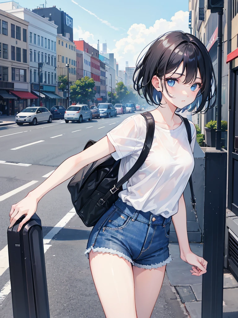 1girl, short black hair, blue eyes, wearing plain white shirt, denim shorts, city, absurdres, high res, ultrasharp, 8k, masterpiece, looking at viewer