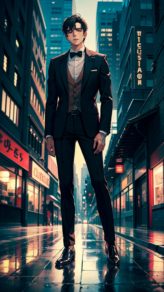 A handsome man in brown formal shirt and black pants stands in in front of a vibrant background. The vibrant lights of the city reflect on the shiny floor and his clothes and shoes.