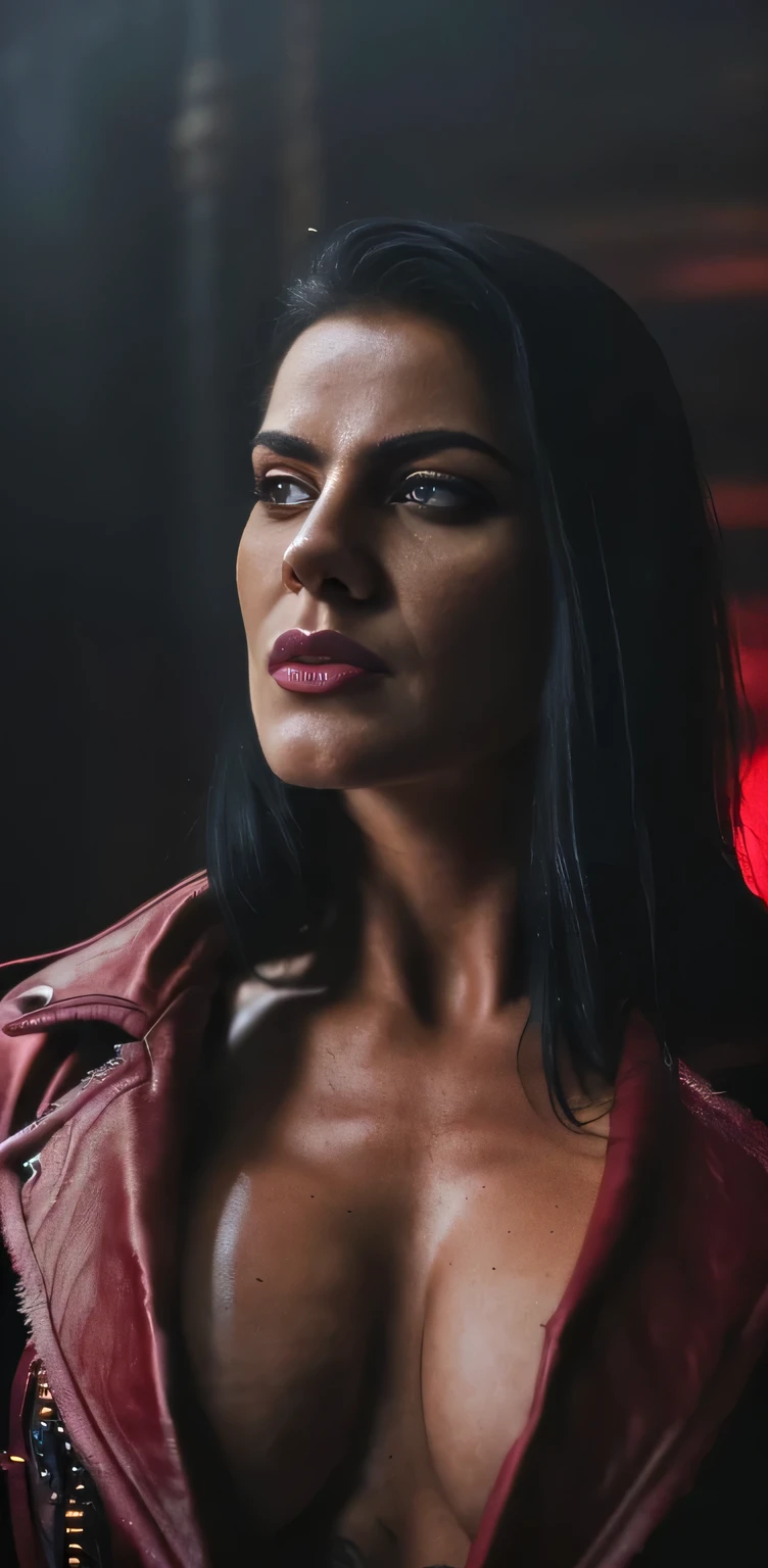 (best quality, hyperdetailed photography:1.2), beautiful lady, scar's face, tattoos breast,(muscular body:1.1),, black hair, , ((viking badass warrior )) ,(gloomy, foggy, night),(long red open coat),,, ,badass woman,, Dynamic pose,,(massive perfect breast:1.0), (upper body portrait), (cinematic shot:1.5), (movie photography:1.2), cinematic lights,, (perfect light, Ray's,),(ultra detailed skin texture:1.3)