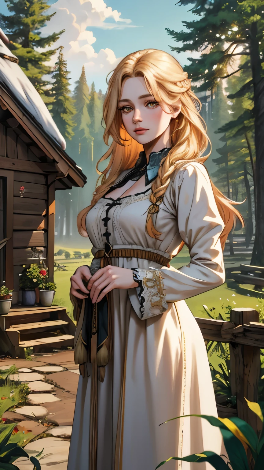 (extremely detailed CG unity 4k wallpaper),(masterpiece),(best quality),(ultra-detailed),(best illustration),(best shadow),(absurdres),(Detailed background),Russian Woman, very long blond hair, Pale Skin, Golden eyes, Long eyelashes, medium breasts, Simple peasant dress, Forest with cute Cottage in the background,
