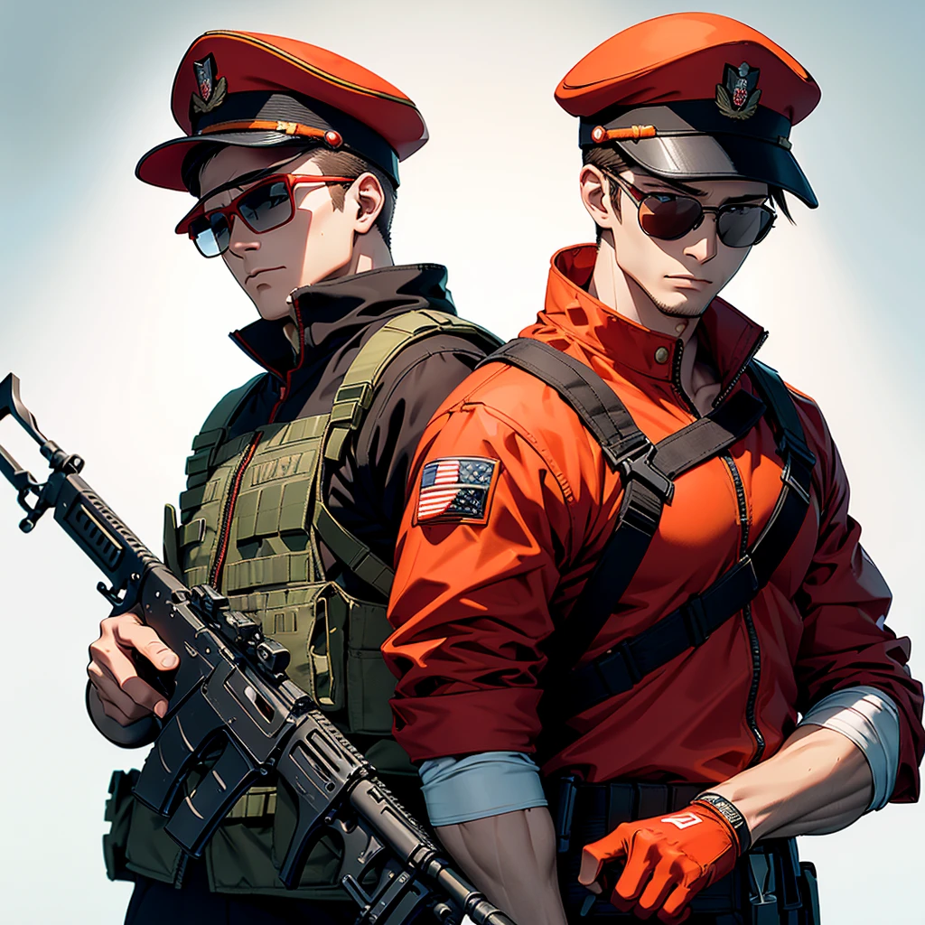 A lean, muscular male soldier carries an M870 shotgun. Red hat with the word "Red" written on it.Attached to the hat, light orange round glasses, military pattern uniform, brown skin, 1 person.
