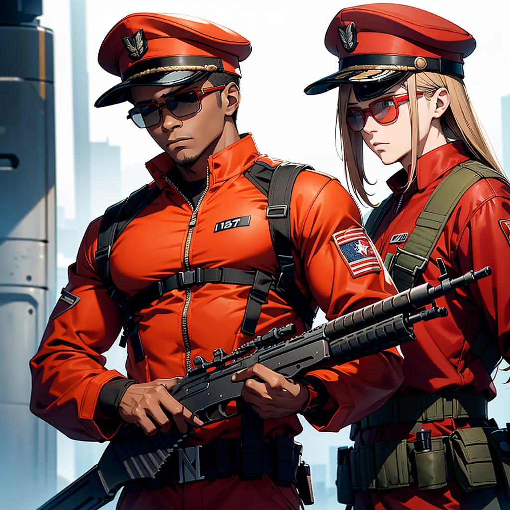 A lean, muscular male soldier carries an M870 shotgun. Red hat with the word &quot;Red&quot; written on it.Attached to the hat, light orange round glasses, military pattern uniform, brown skin, 1 person.