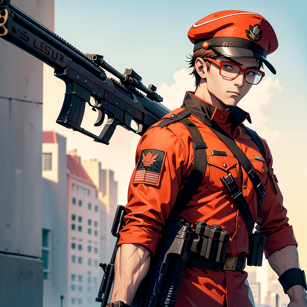 A lean, muscular male soldier carries an M870 shotgun. Red hat with the word "Red" written on it.Attached to the hat, light orange round glasses, military pattern uniform, brown skin, 1 person.
