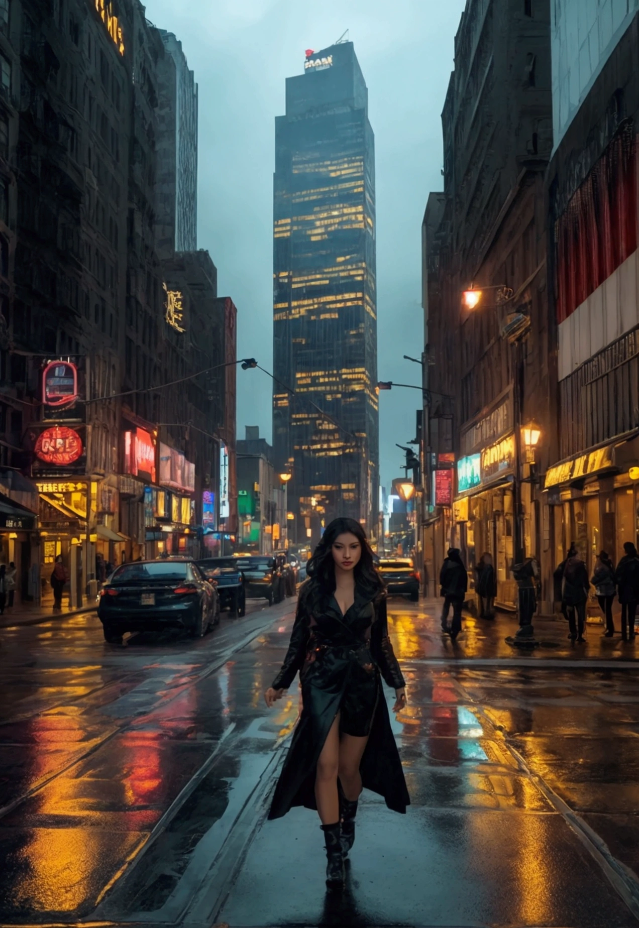 a beautiful asian woman walking at night in new york city, detailed facial features, beautiful detailed eyes, beautiful detailed lips, extremely detailed eyes and face, long eyelashes, realistic, photorealistic, photo-realistic:1.37, best quality, 8k, highres, masterpiece:1.2, ultra-detailed, hyper-realistic, cinematic lighting, moody atmospheric lighting, intricate details, dramatic shadows, vibrant colors, cinematic composition, establishing shot, wide angle, street at night, tall buildings, neon signs, headlights, reflections on wet pavement, atmospheric fog, urban landscape