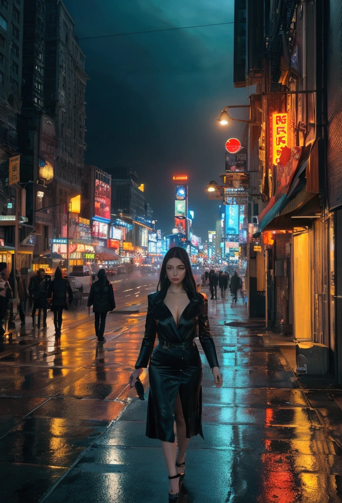 a beautiful asian woman walking at night in new york city, detailed facial features, beautiful detailed eyes, beautiful detailed lips, extremely detailed eyes and face, long eyelashes, realistic, photorealistic, photo-realistic:1.37, best quality, 8k, highres, masterpiece:1.2, ultra-detailed, hyper-realistic, cinematic lighting, moody atmospheric lighting, intricate details, dramatic shadows, vibrant colors, cinematic composition, establishing shot, wide angle, street at night, tall buildings, neon signs, headlights, reflections on wet pavement, atmospheric fog, urban landscape