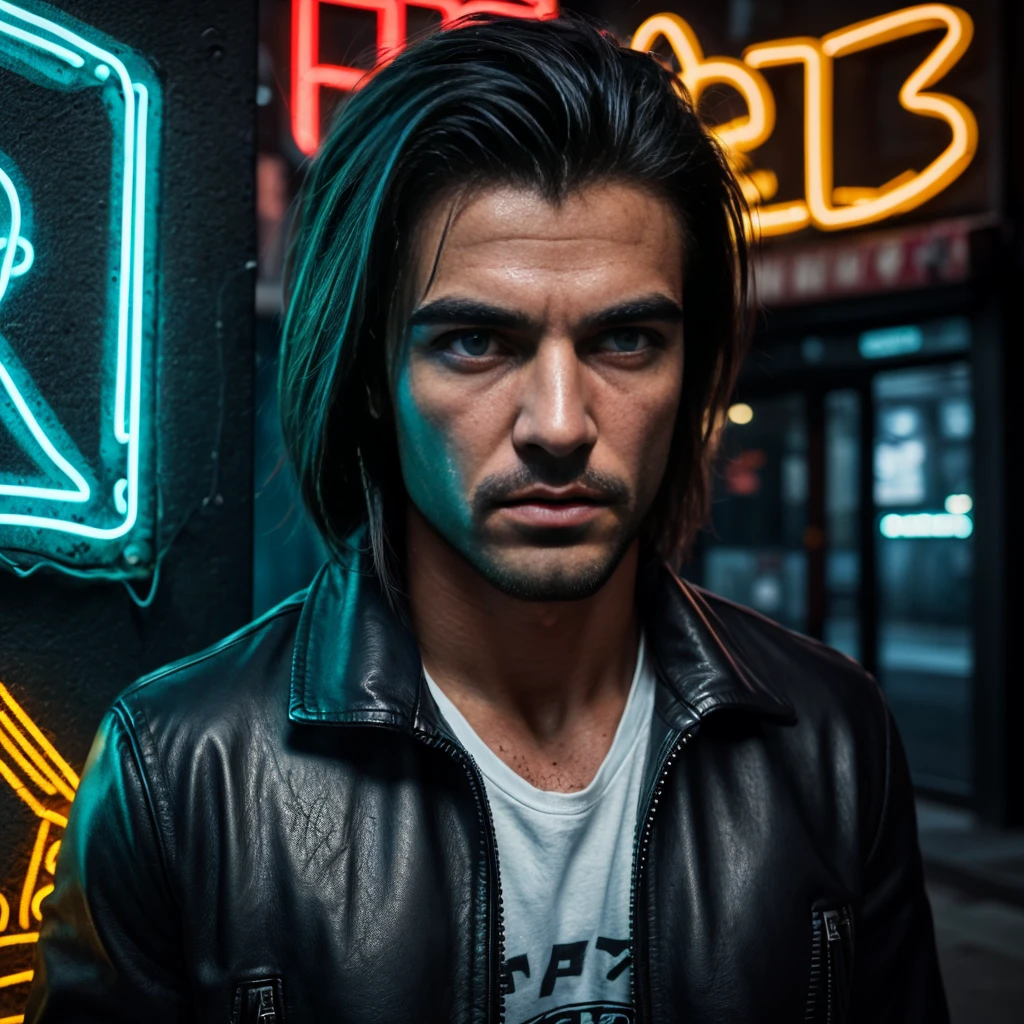 A detailed, muscular man with striking blue eyes, thick eyebrows, and full lips, wearing a rugged leather jacket, standing in an urban alleyway with neon signs and graffiti in the background, (best quality,8k,highres,masterpiece:1.2),ultra-detailed,(realistic,photorealistic,photo-realistic:1.37),cinematic lighting,dramatic shadows,moody atmosphere,urban landscape,gritty realism,dark and grungy,neon lights,gritty streets,graffiti wall,man portrait,muscular build,rugged leather jacket,intense blue eyes,full lips,thick eyebrows,detailed facial features